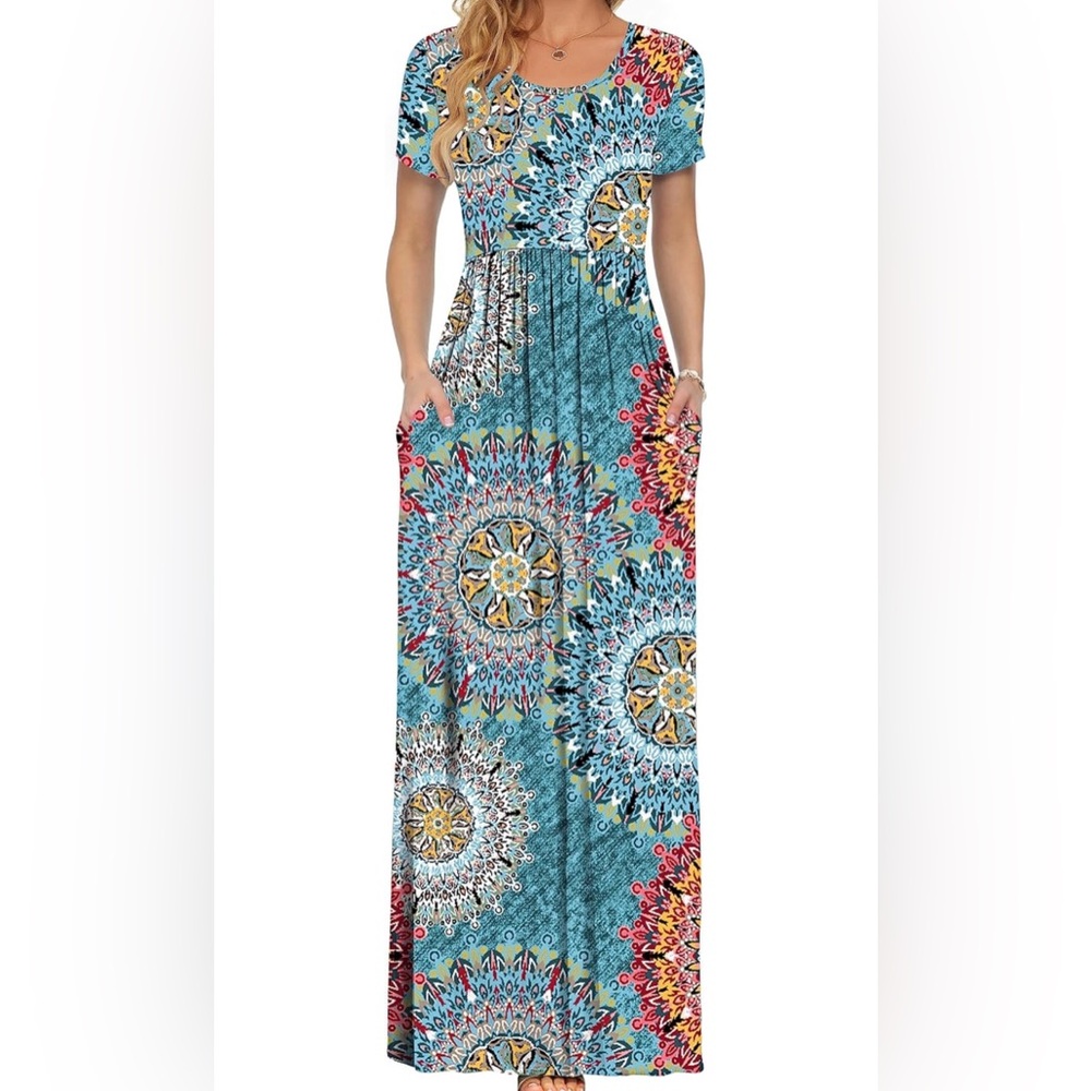 Women Short Sleeve Loose Plain Casual Long Maxi Dresses with Pockets Plus Size